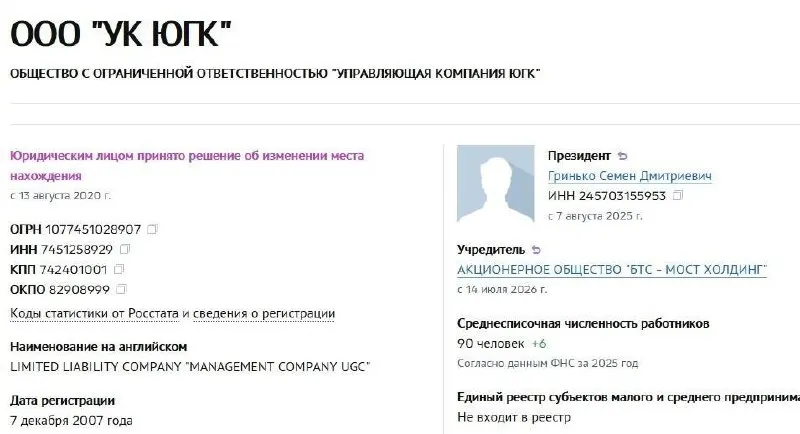 Управляющая компания холдинга перешла под контроль АО «БТС‑Мост Холдинг» (Руслан Байсаров). Активы были в государственной собственности с 15 июля 2025 года; ЮГК входит в топ‑10 золотодобывающих компаний России.